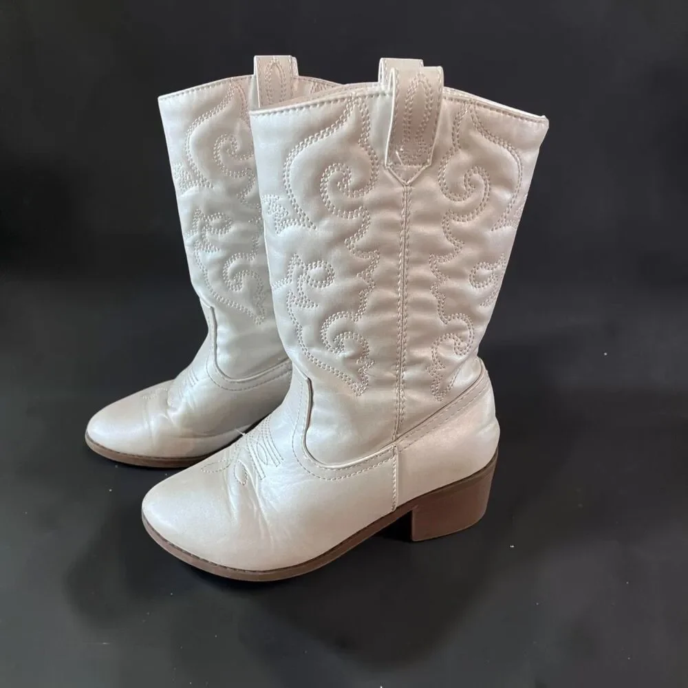 Links Pearl White Western Cowboy Boots Girls Size 1 Embroidered Cowgirl Mid Calf